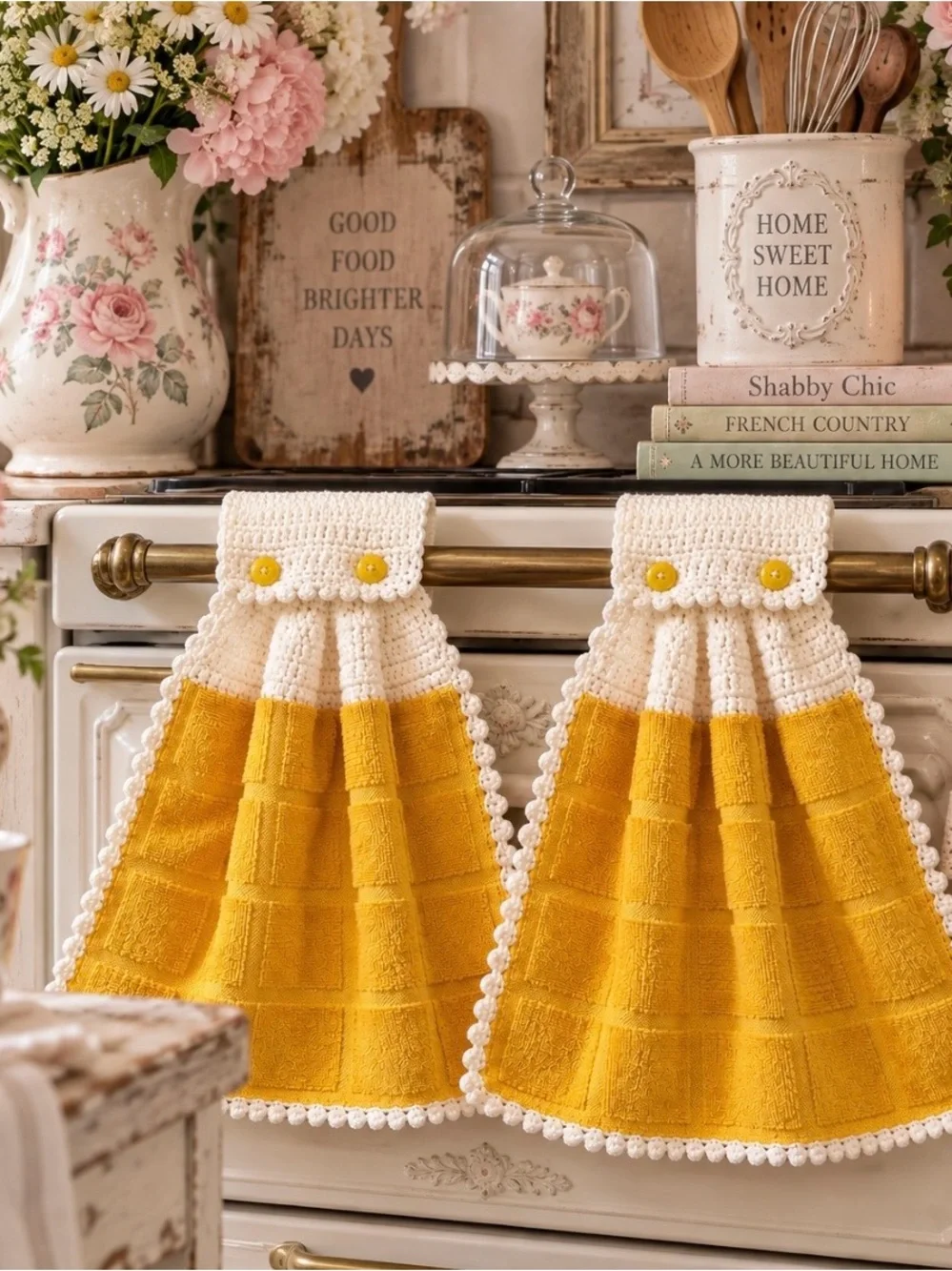 Handmade Yellow Crochet Hanging Kitchen Towels Pair